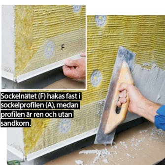 Isolera utvändigt: Det våta grundputsbruket dras ut på isoleringen Isolera utvändigt: Det våta grundputsbruket dras ut på isoleringen